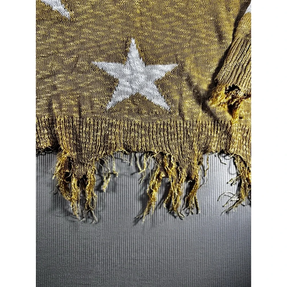 Adora Distressed Star Sweater Raw Hem Cotton Blend Golden Yellow M Boho Y2K‎ NWT